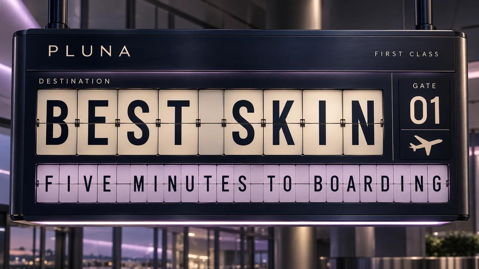 Un tablero de salidas de PLUNA: destino Best Skin, puerta 01, cinco minutos para abordar