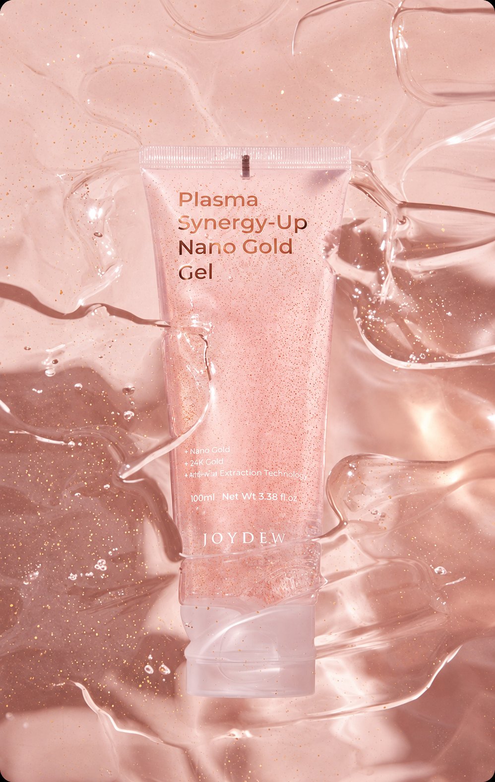 Plasma Synergy-Up Nano Gold Gel tube resting in clear gel with suspended gold flecks