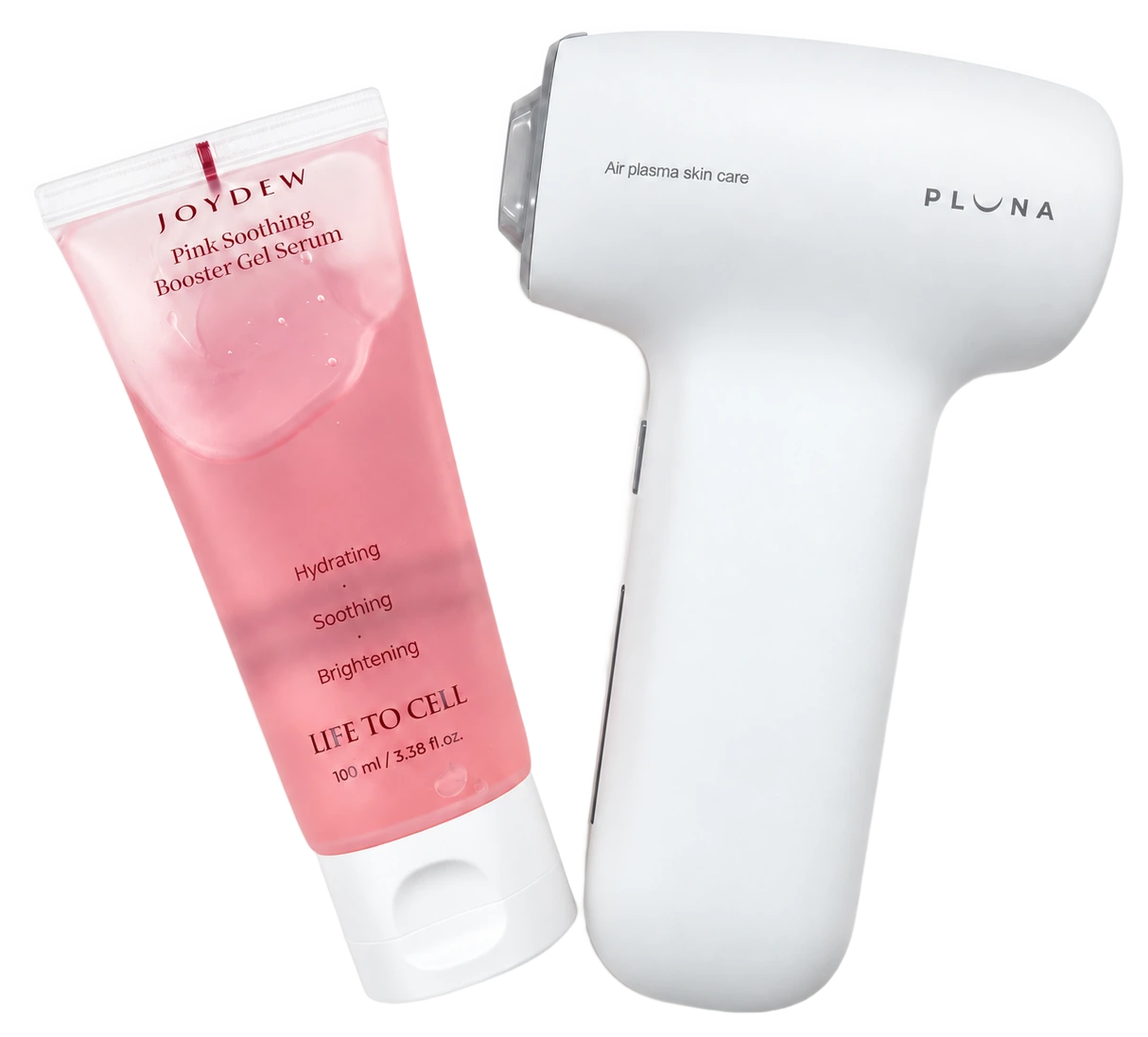 JOYDEW Pink Soothing Booster Gel Serum junto al dispositivo PLUNA
