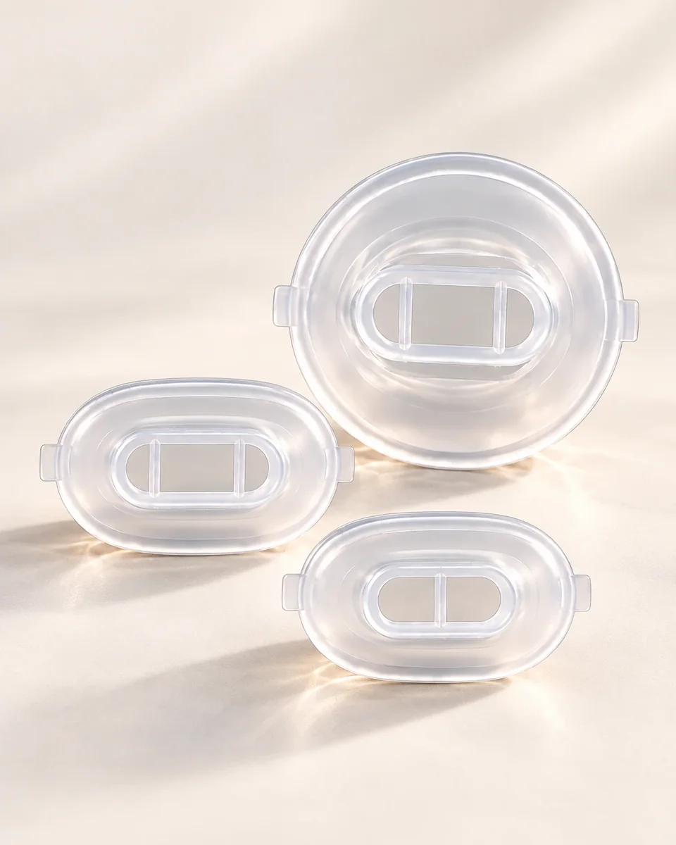 Les trois embouts PLUNA sur une surface crème : Hair and Body, General et Narrow